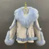 BEST PRICE S-2XL 8 Colors or Custom Color Design Natural Fox Fur Trim Coat Big Real  Fox Fur Collar Hooded Outerwear Jackets Women Sheepskin Leather Shearling Jacket Ladies Luxury Apparel Supplies