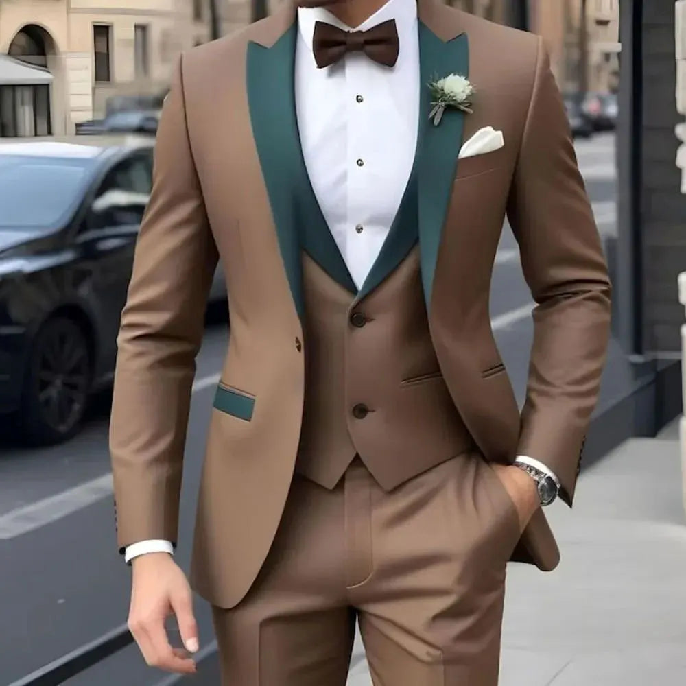 Father of Bride 3 PCS Luxury Set S-3XL Plus Size 8 Colors Elegant Brown Men's Suit Jacket Pants Vest Formal Night Business Dinner Wedding Evening Prom Party Men Striped Suit Groom Wedding Buckle Suit Gentleman Luxury Apparel
