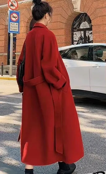 New Arrivals S-4XL Plus Size Black/Red Color Women's Autumn Winter Solid Color New Style Waist Collection Loose  Lapel Collar Double Long Trench Coat Winter Snow Boots Outerwear Maxi Jackets Ladies Winter Apparel Supplies