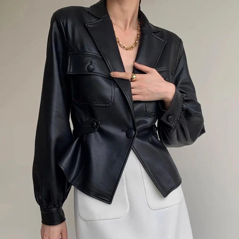 Boutique Gala HOT SALE Green/(Few Units Left) White/Black Color M-2XL Autumn Spring  Women's Real Genuine Leather Jacket Sexy Leather Blazer Evening Party Coat Ladies Luxury Apparel Supplies