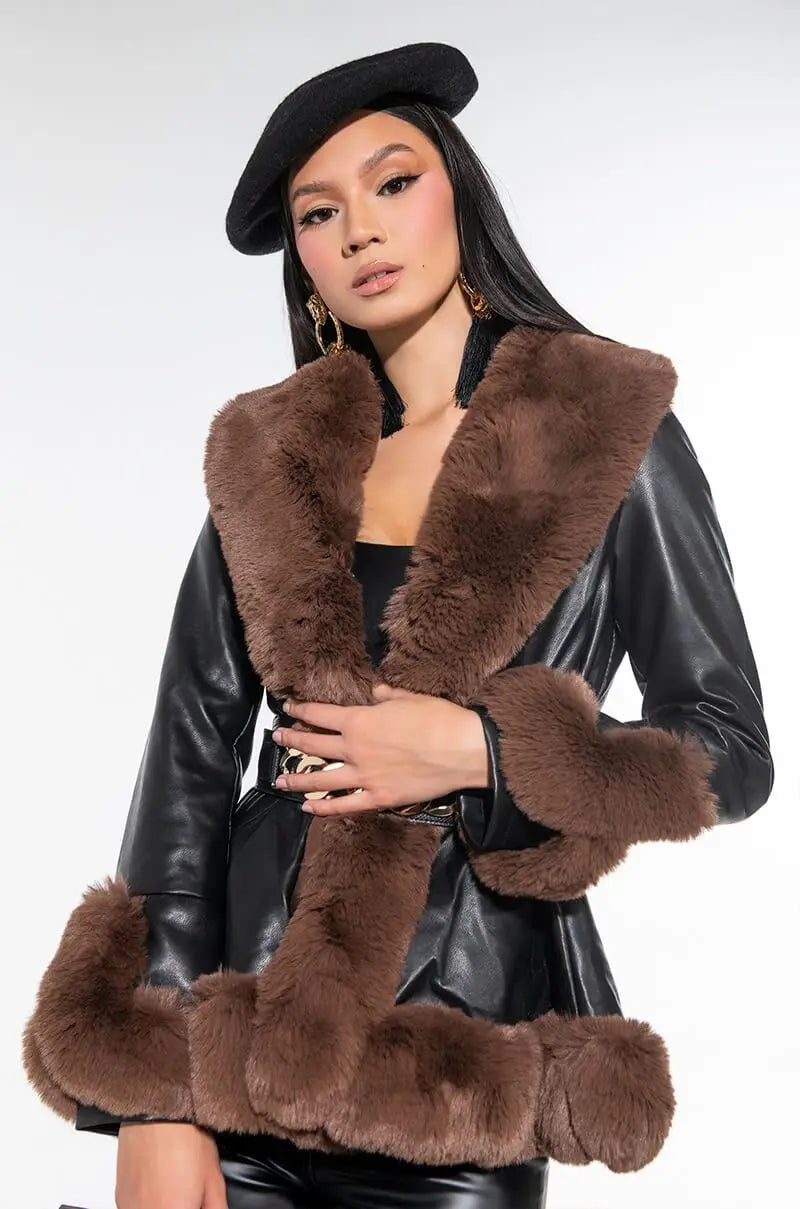 S-4XL Plus Size Brown/Black Color Women's Elegant Waterproof Soft Faux Fur Trimmed Leather Trench Coat Fox Fur Collar Double Breasted Button Detail Autumn/Winter Outerwear Jacket.