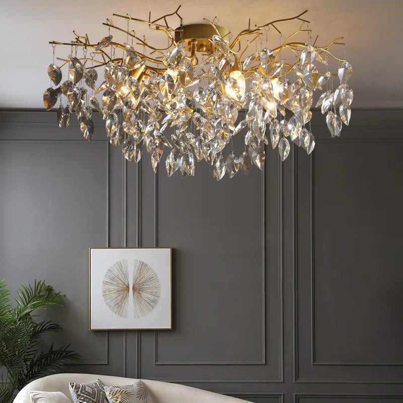 Villa Home Living Room Luxury Crystal Ceiling Lamp Bedroom Living Room Raindrop Branch Shaped Pendent Lamp Modern French Art Decoration Hanging Light