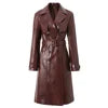 NEW Top Quality Women's Elegant Lace-Up PU Leather Windbreaker Leather Trench Coats Long Winter Outerwear Long Jackets for Night Club Prom Evening Party Ladies Luxury Apparel Supplies