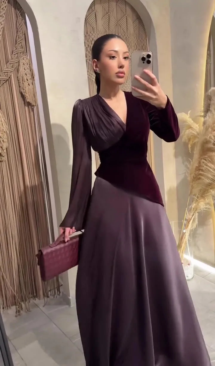 NEW Luxury Ankle-Length Slim-Fit Elegant V-Neck Long Sleeve Arabic Turkish Abaya Dresses for Muslim Women Birthday Evening Party & Wedding Guest Evening Wear Muslims Apparel Clothing Supplies