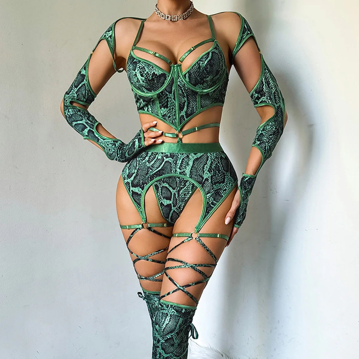 5 PCS Set Women's Sexy Hollow Out Snakeskin  Print Strappy Lingerie Cosplay  Costume  Underwire Bodysuit with Garters Shrug Stockings Sexy Lingerie Suit