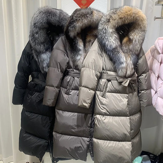 BEST PRICE S-2XL Top Quality Large Natural Silver Fox Fur White Duck Down Thickened Windbreaker Parkas Coat Long Over Knee Windproof Coats Winter Warm Real Fur Coat Snow Boots Outerwear Jackets Ladies Winter Apparel Supplies