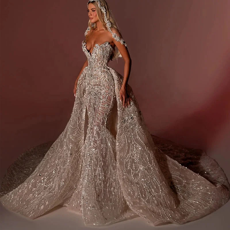 Boutique HOT SALE Top Luxury Mermaid Champagne Wedding Dresses for Women Sweetheart Neck Sleeveless Bridal Gown Sweep Train Crystal Sequins Skirt Ladies Luxury Clothing Supplies