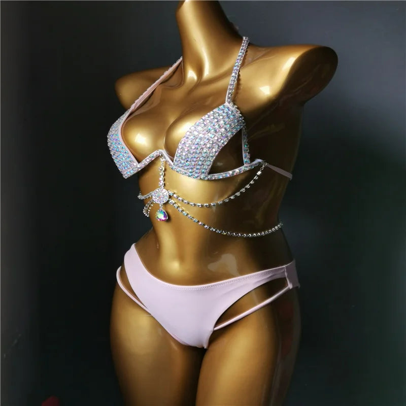 NEW!!!! Latest Design High Quality Sexy Girl Rhinestones Pink Bikini Bling Luxury Swimwear