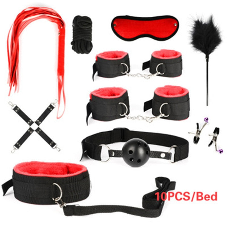 Adult leather plush bondage bundle set, gag, whip, butt plug, sex toys for women, nipple clips, erotic toys