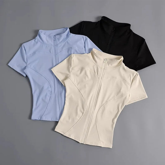 12 Colors S-2XL Zip Up Stand Collar Yoga Short Sleeve Jacket High Stretch Nude Feel Quick Dry Slim Fit Workout Running Cycling Fitness Crop Tops Women Sports Apparel Clothing Accessories