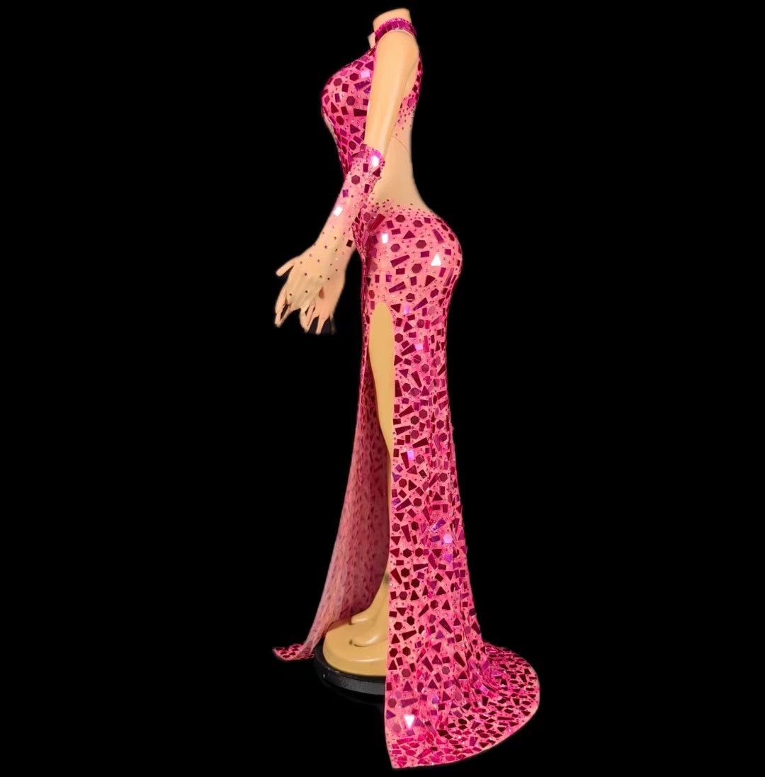 Boutique HOT SALE  Elegant Pink Crystal Sequin Wedding Guest Red Carpet Celebrities  Formal Party Dress High Slit Long Banquet Floor-Length Dress Women Night Clubwear Prom Evening Mermaid Maxi Dress Ladies Luxury Apparel Supp