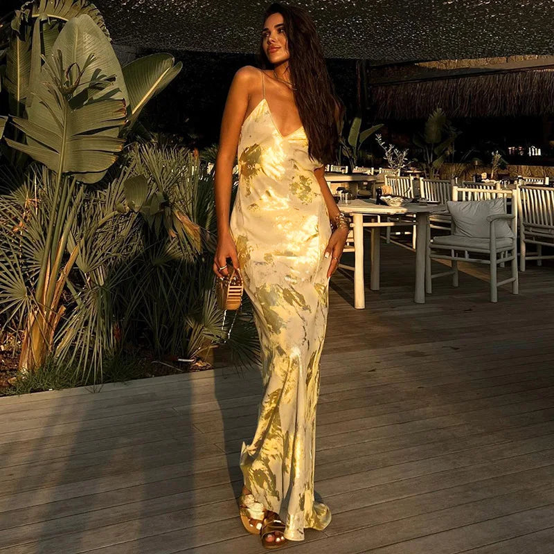 NEW Arrivals Elegant Gold Foil Fragmented Sexy Bodycon Maxi Dresses for Women Luxury Evening Party Gown Sexy Backless Stamped Dress Women's Sexy Apparel Supplies