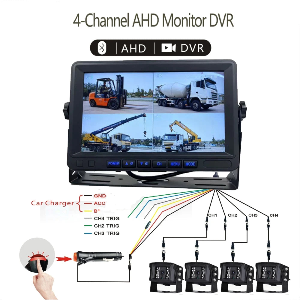 Full HD 1080P AHD 4-Channel Car Truck Vehicles DVR System Pedestrian Detector Reverse Camera 18 IR Night Vision Loop Recording Waterproof Heavy Duty 7.0inch Car Monitoring Security Supplies