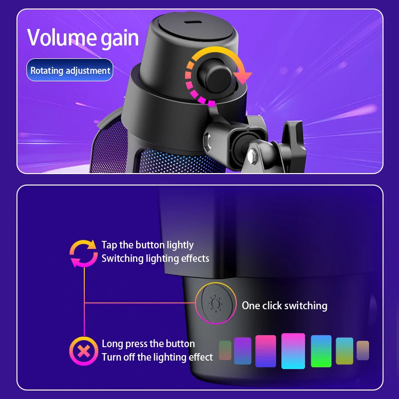 Professional USB/Type-C Metal Condenser Microphone Adjustable Boom Arm RGB Lighting One-Touch Mute Gain Control for Live  Streaming Podcast