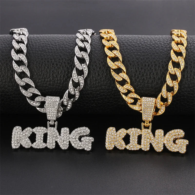 Rapper's Hip Hop KING Letters Pendant Necklace with Miami Cuban Chain Iced Out Bling Hip Hop Rave Rapper's Night Club Party Gangs Necklaces Male Charm Jewelry Gifts Accessories