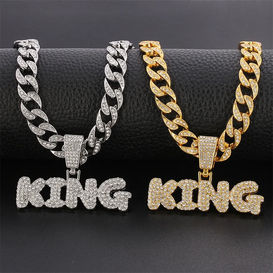 Rapper's Hip Hop KING Letters Pendant Necklace with Miami Cuban Chain Iced Out Bling Hip Hop Rave Rapper's Night Club Party Gangs Necklaces Male Charm Jewelry Gifts Accessories