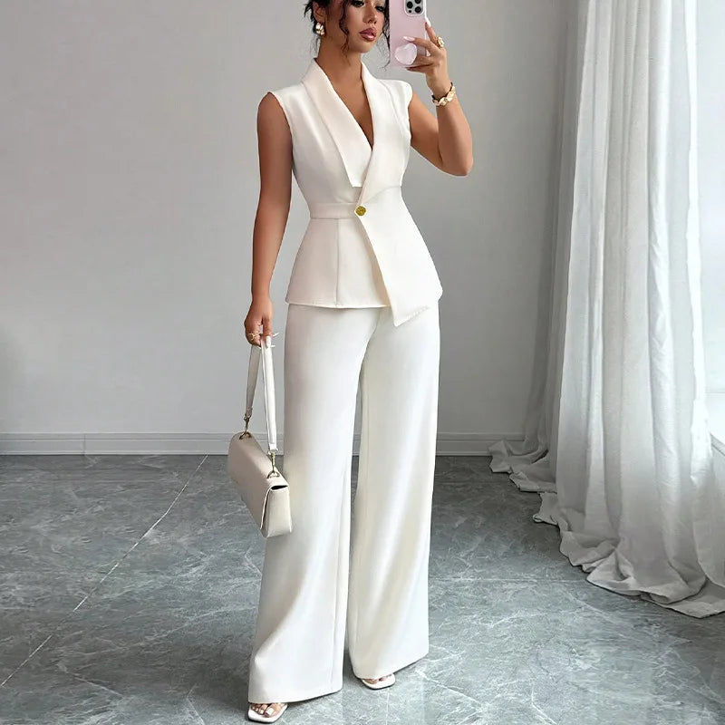 2 PCS Set Women Autumn Spring Summer Outfits Solid Elegant Vest Straight Leg Pants Matching Set Fall Business Night Dinner Office Lady Casual Suit for European American Style Ladies Clothing Supplies