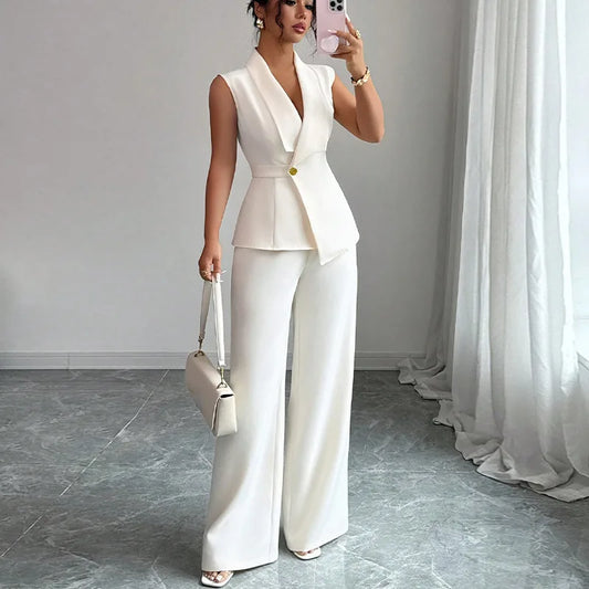 2 PCS Set Women Autumn Spring Summer Outfits Solid Elegant Vest Straight Leg Pants Matching Set Fall Business Night Dinner Office Lady Casual Suit for European American Style Ladies Clothing Supplies