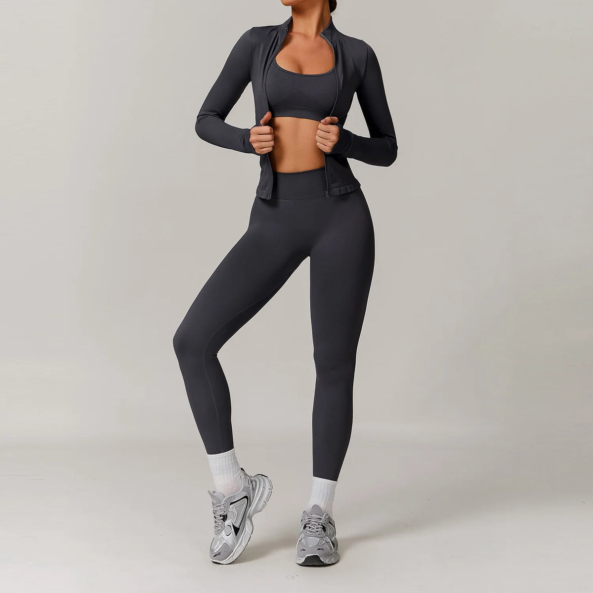 3 PCS Set 7 Colors Private Label Seamless Yoga Suit Women High Waist Scrunch Butt Lifting Tight Leggings Zip Jacket Gym Fitness Outfit Outdoor Running Activewear Set Women Sports Clothing Supplies