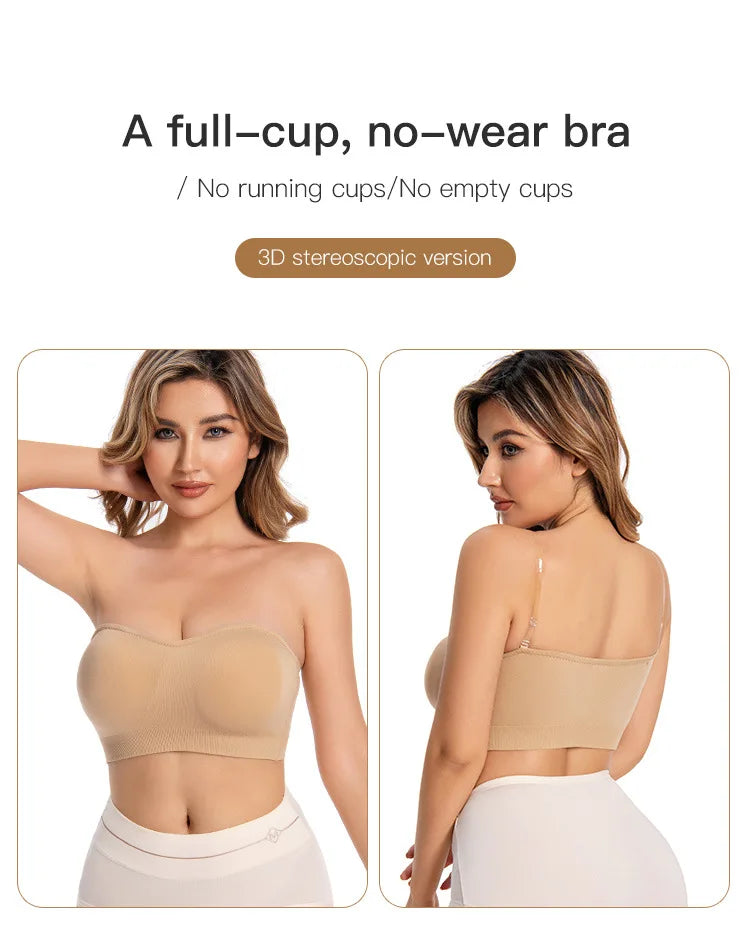 White/Black/Skin Color Xs-2XL Plus Size Seamless Strapless Bra with Non-Slip Tube Wireless Padding Push-Up Feature Wire-Free Support Women Underwear
