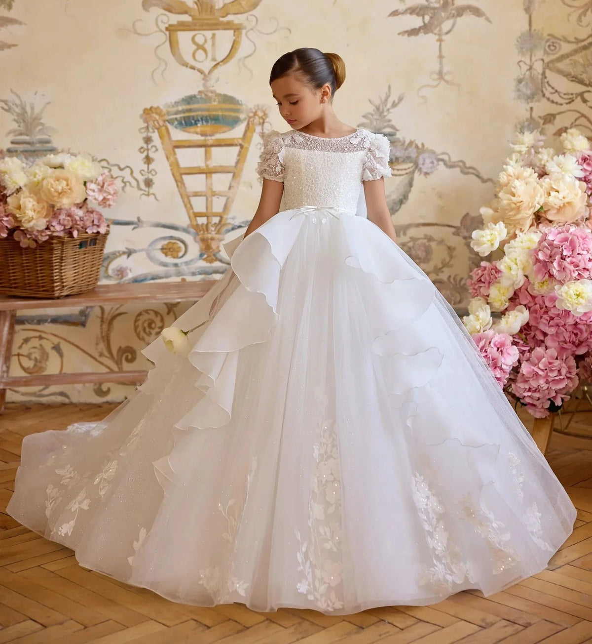2/13 Years Old Girls Bridesmaid  Lace Flower Luxury Dress Long Train Tulle Princess Gown Evening Wedding Party Prom Birthday Ball Gown Pageant Short Sleeve Gown