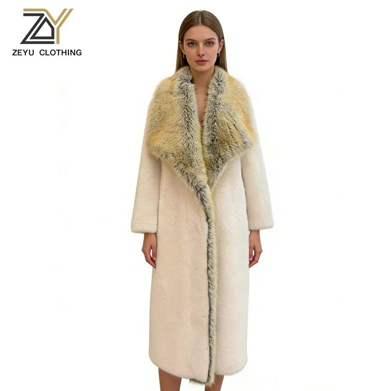 S-2XL Women's Luxury Eco-Friendly Woven Long Artificial Fur Coat Large Fox Fur Collar White Warm Windproof Winter  Down Coat Snow Boots Outerwear Jackets Ladies Luxury Apparel Supplies.
