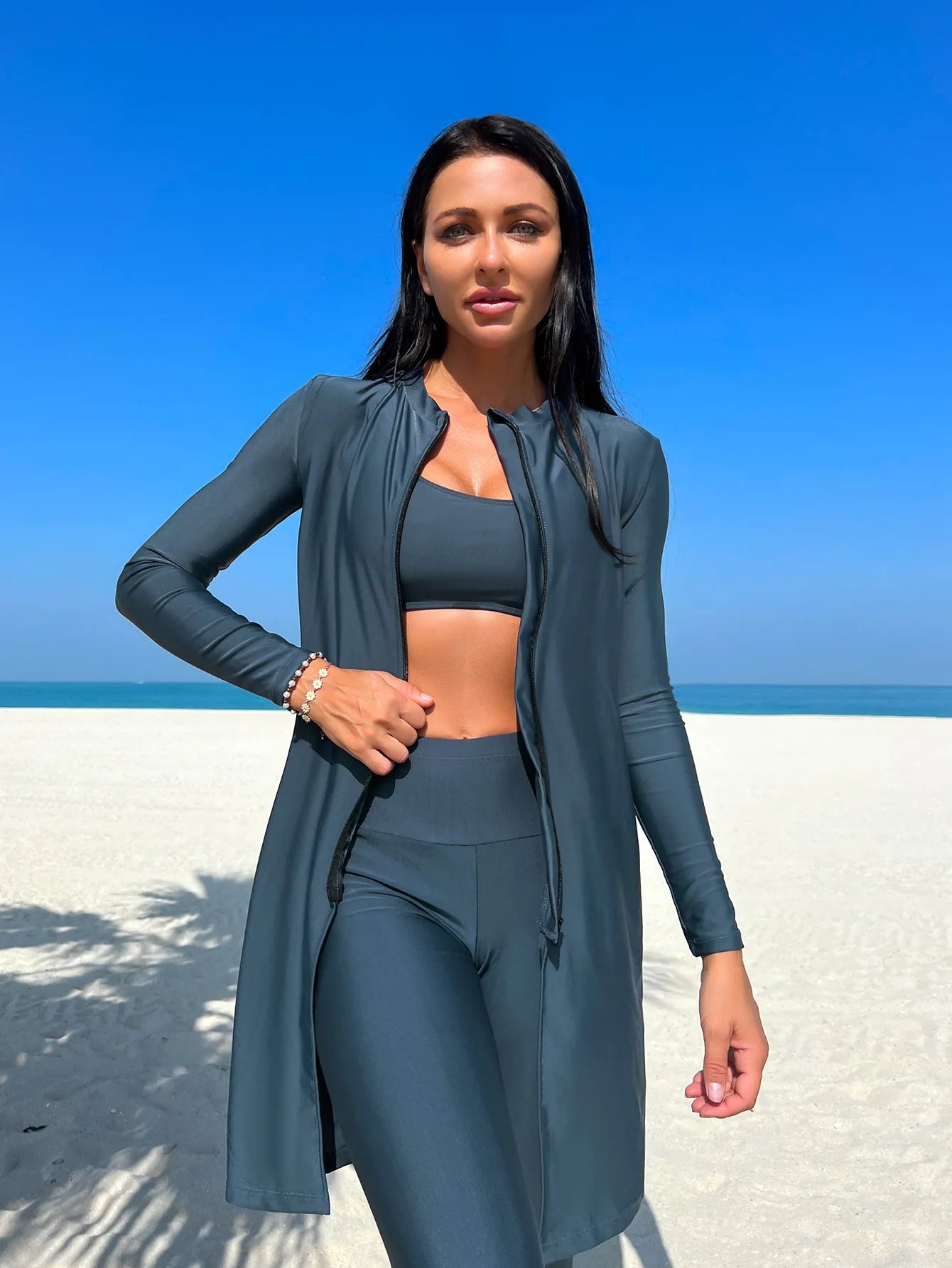 NEW Arrivals Islamic Clothing Solid Color Ladies Long Sleeve Swimming Muslim Top and Long Legging Swimwear Set Muslim Swimming Suit Women Modest   Summer Bath Muslims Summer Beachwear Apparel Suits