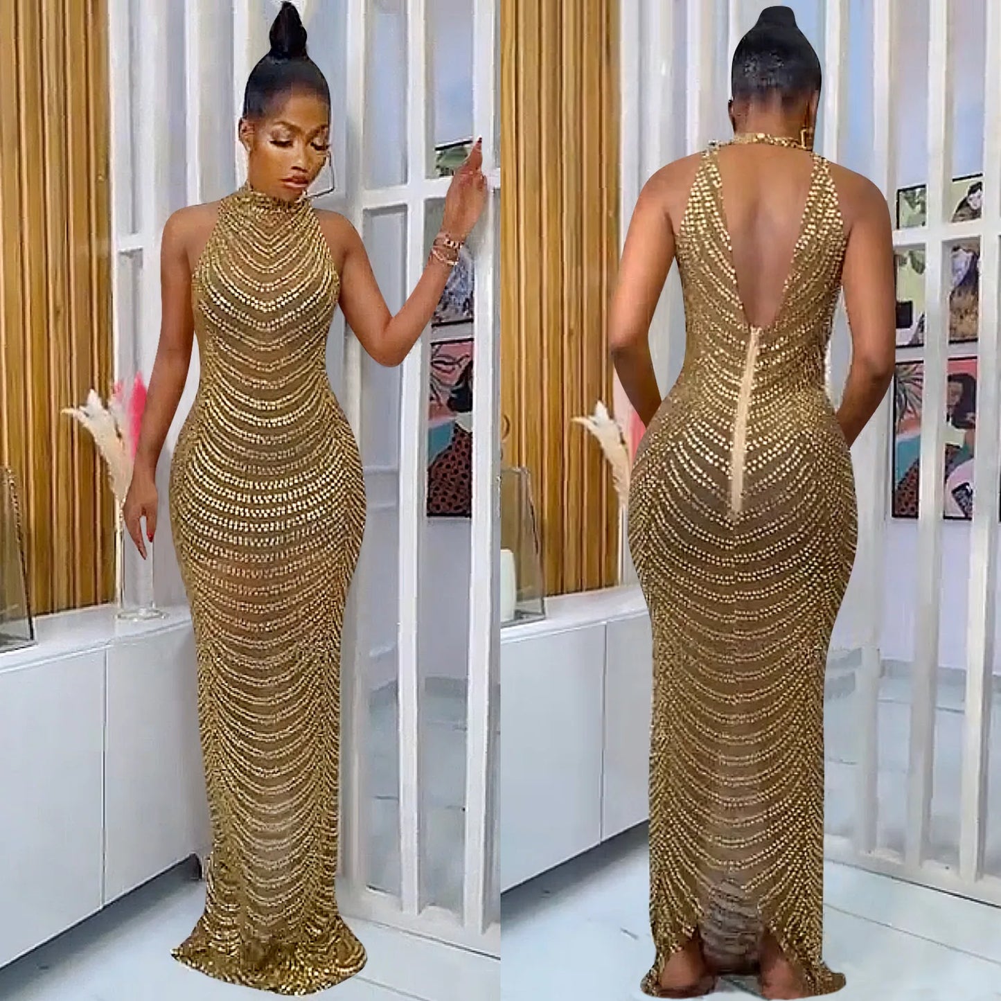 Golden/Black Color Women's Floor-Length Night See Through Evening Luxury Dresses Hot Drill Diamond Beaded Sequin with Natural Waistline Wedding Guest Night Prom Business Dinner Ladies Formal Apparel Supplies
