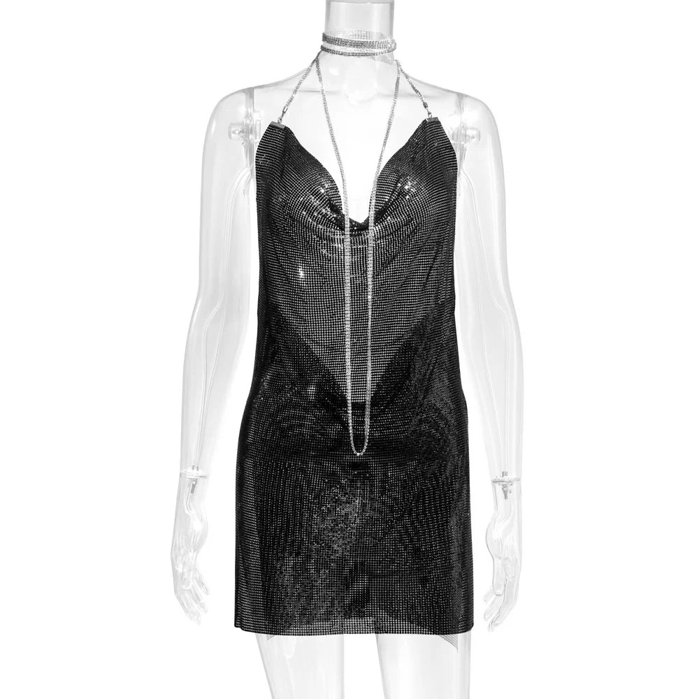 10 Colors Women's Sexy Diamond Halter Metal Party Dresses Gold Silver Summer Evening Beach Party Slit Dress Backless Sequins Night Clubwear Hot Mini Dress Women Clothing Supplies
