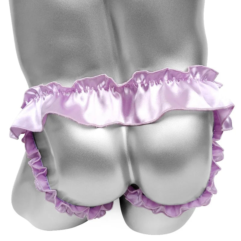 Lace Mens Jockstraps Lingerie Night Gay Male Panties Open Butt Wetlook Sexy Bowknot Sissy Satin Crotchless Underwear For Man