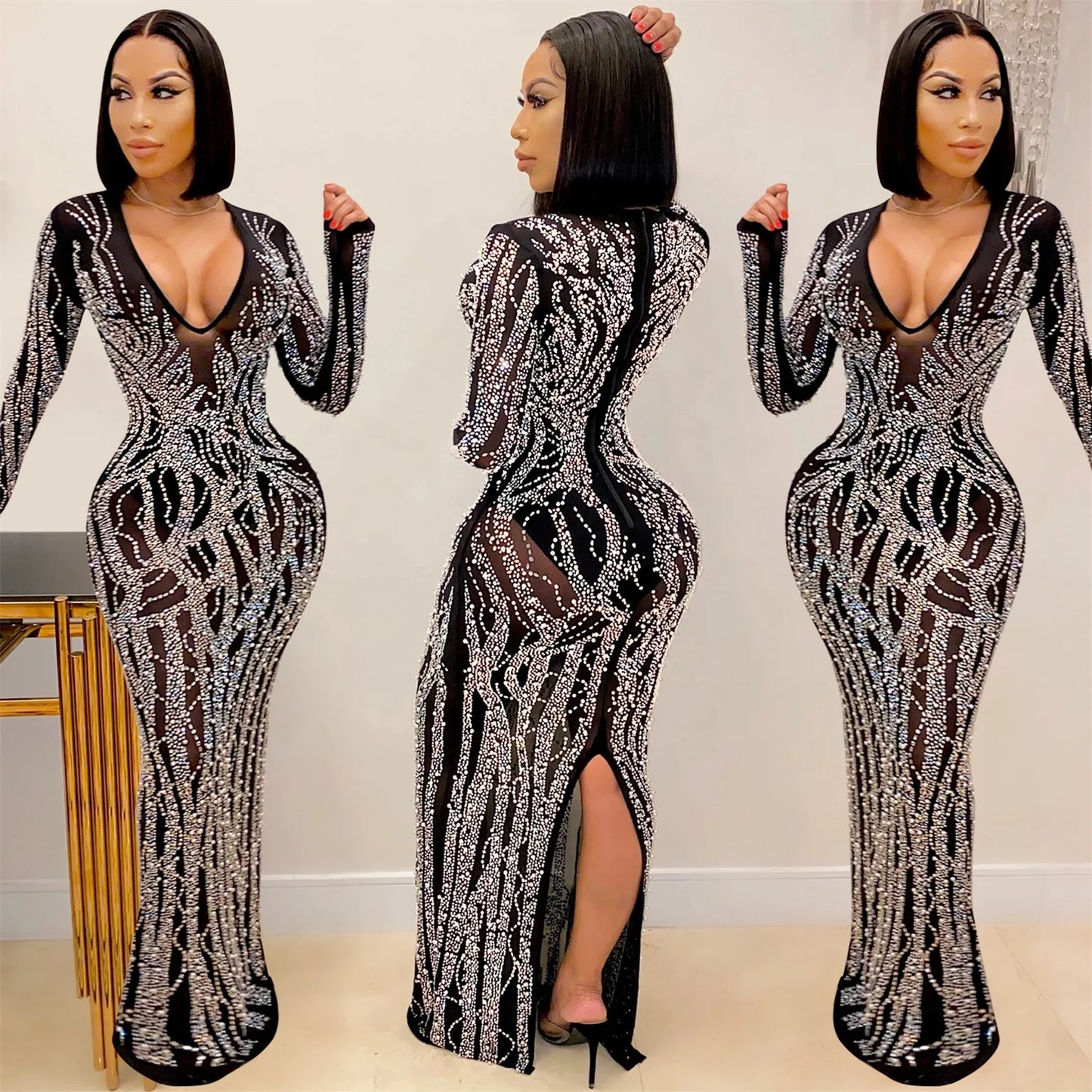 NEW Stylish Women Long Sleeve Sexy High Split Deep V-Neck Mesh Rhinestone Crystal Luxury Cocktail Party Night Club Prom Diamond Dresses Evening Cocktail Party Wedding Guest Ladies Luxury Apparel Supplies