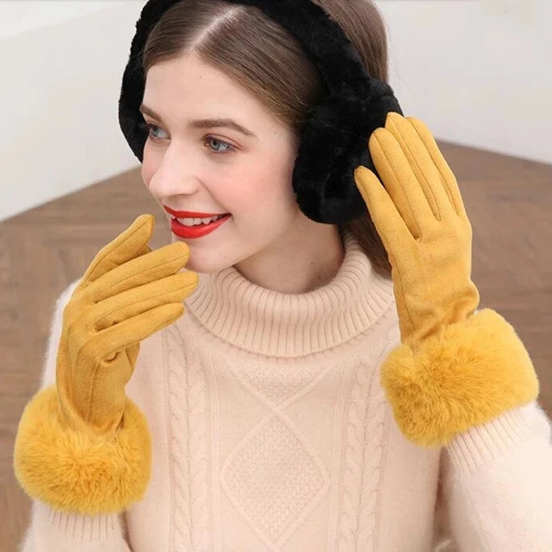 NEW Arrivals 18 Colors Women Faux Rabbit Fur Wrist Suede Leather Touch Screen Driving Glove Winter Warm Plush Thick Full Finger Cycling Black Mitten H92 Women Ladies Luxury Fashion Apparel Accessories