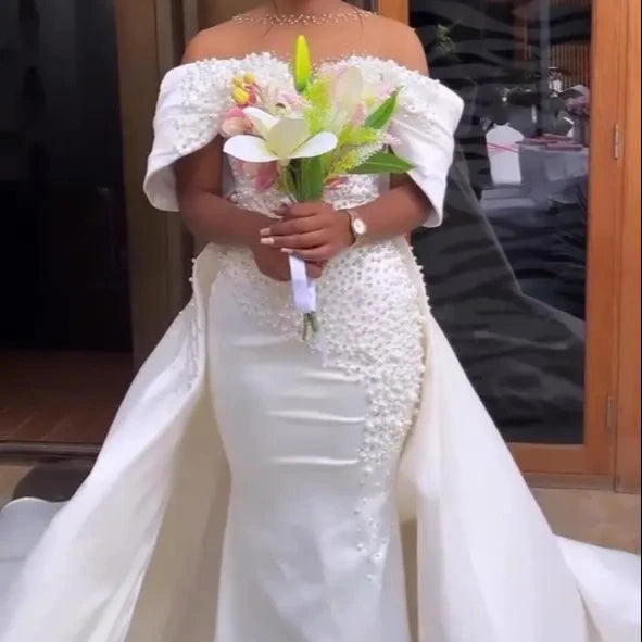 NEW Arrivals Pure White African  Bohemian Style With Removable Trailer Bride and Lace Pearls Appliqued Decoration Mermaid Wedding Dress Evening Wedding Prom Party Mermaid Formal Bridal Gowns