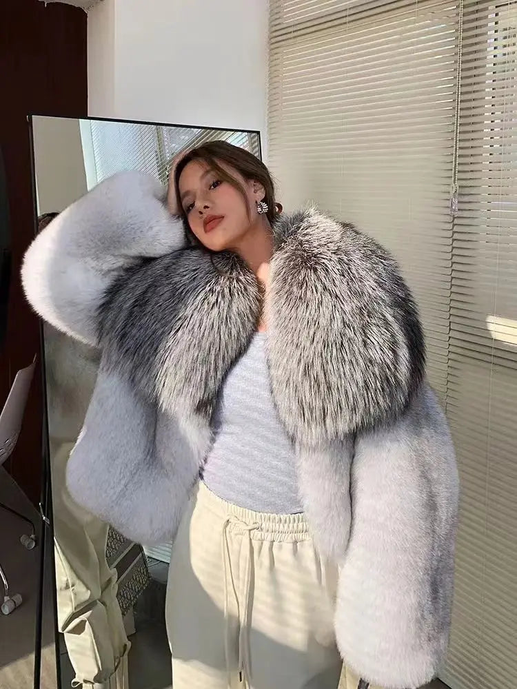 Real Natural Fox Fur Black & White Color S-2XL Luxury Winter Warm Real Cropped Fox Fur Coat Women With Big Silver Fox Fur Collar Evening Business Party Prom Ladies Luxury Apparel Supplies