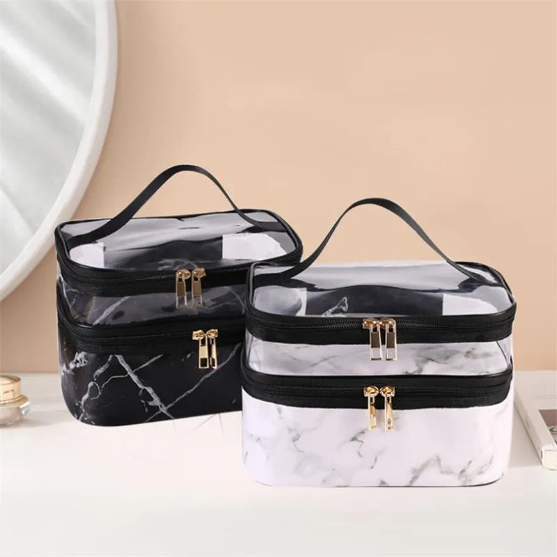 Luxury Black/White/Leopard Large Capacity Makeup Bag For Women Transparent PVC Double Layer Storage Wash Cosmetic Bag Waterproof Organizer Toiletry Cases Products Cosmetic Accessories Supplies