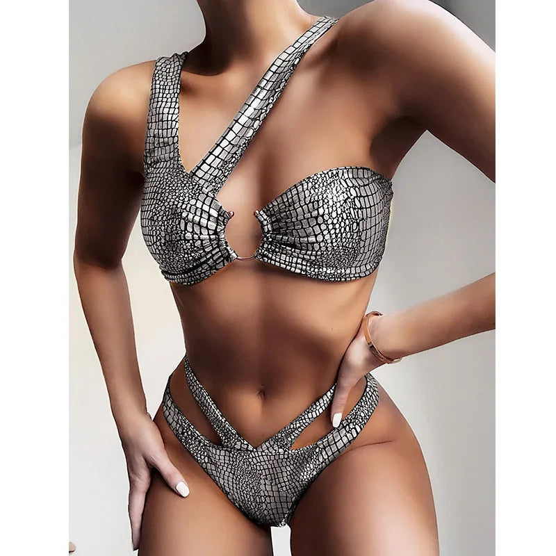 Sexy Snake Print Shiny Thong Bikini Female Swimsuit Women Swimwear Brazilian Bikini set Asymmetric Bather Bathing Suit Swim