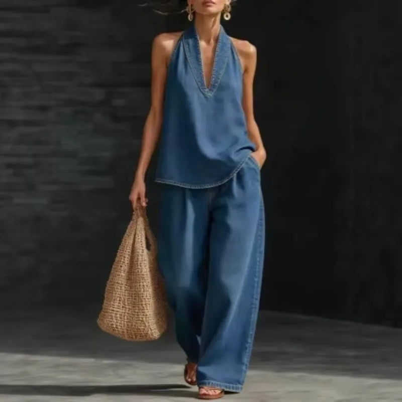 2 PCS Set S-3XL 5 Colors Boutique Sale Autumn Spring New Fashion V-Neck Retro Denim Vest Wide Leg Jeans Pants Women's Casual Apparel Supplies