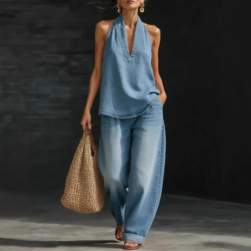2 PCS Set S-3XL 5 Colors Boutique Sale Autumn Spring New Fashion V-Neck Retro Denim Vest Wide Leg Jeans Pants Women's Casual Apparel Supplies