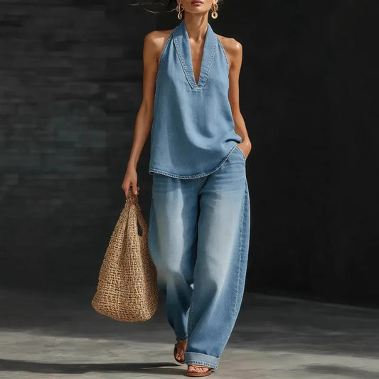 2 PCS Set S-3XL 5 Colors Boutique Sale Autumn Spring New Fashion V-Neck Retro Denim Vest Wide Leg Jeans Pants Women's Casual Apparel Supplies