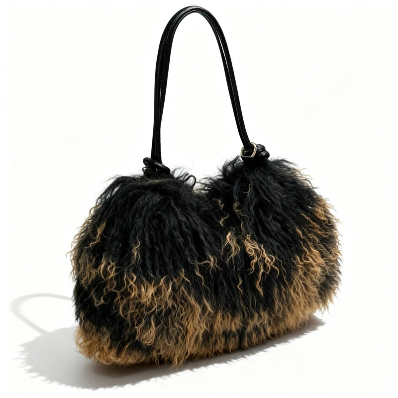 5 Colors Luxury Winter Ombre Faux Fur Leather Hobo Shoulder Tote Bag Women Single Strap Two-Tone Black Camel Fluffy Large Capacity Luxury Bags Ladies Apparel Accessories