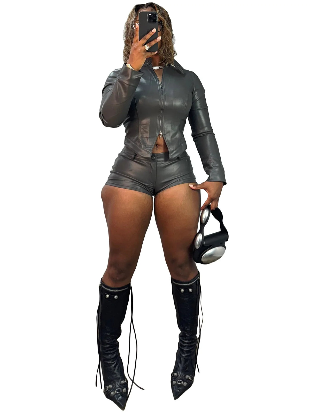 NEW Arrivals 2 PCS Set 5 Colors S-2XL Women's Leather Stand-Up Collar Two-Way Zipper Moto Bikes  Long-Sleeved Top Short Pants Sexy Suit Evening Rave Party Night Clubwear Women Sexy Clothing Supplies
