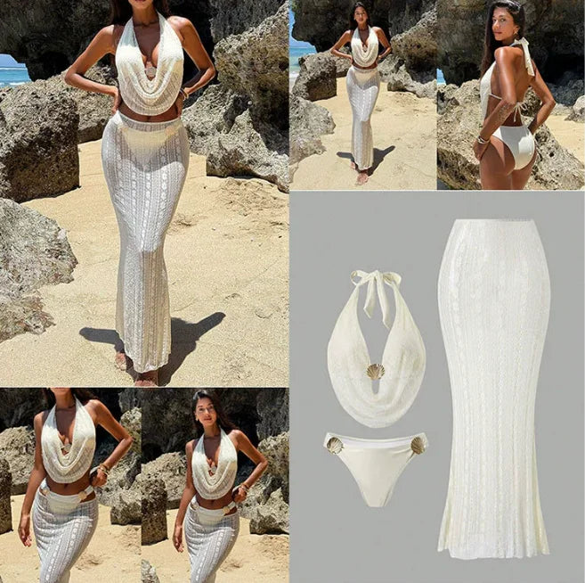 3 PCS Set Women Sexy Swimwear Deep V-NECK Brazilian Bikini and Cover Ups Long Skirt Set Shell Swimsuit S-XL Ladies Beachwear Summer Bathing Apparel Suits Clothing Supplies