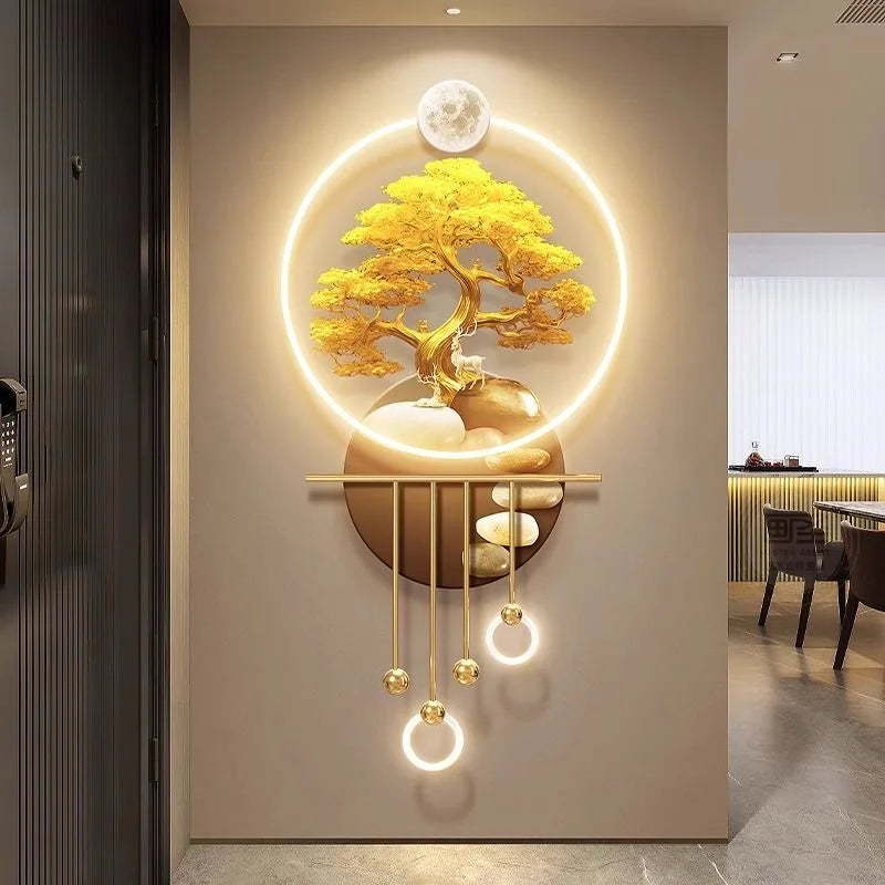 Wealth Life Tree 100*50cm with Lights Metallic Wall Art Creative Decoration Living Room for Home Office Decor Luxury Art Item House Decoration