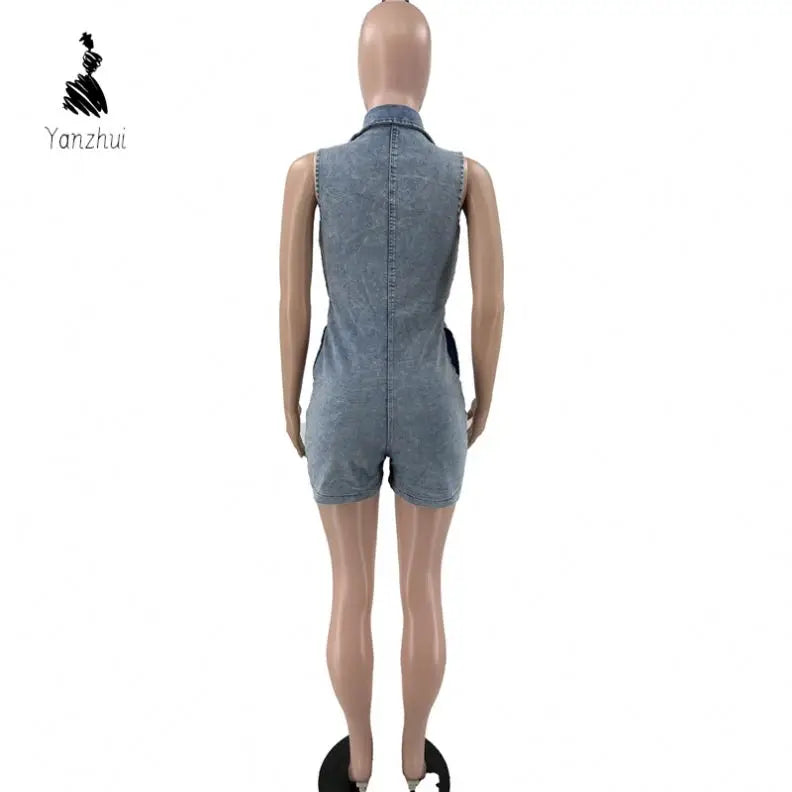 NEW Arrivals Sexy Denim  S-2XL Summer Boutique Fashion Denim Jeans Sleeveless One Piece Playsuit Jumpsuit Women Streetwear Casual Clothing Supplies