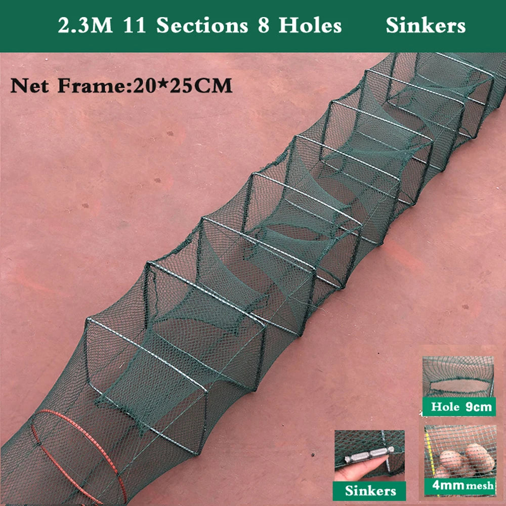 7-19 Sections 12 Holes Top Quality Professional Portable Folded Long Fishing Net 1.5M-5.5M, Crab Fish Net, Hand Casting Cage Crab Net, Mesh Trap Catcher Live Fish for Lobster