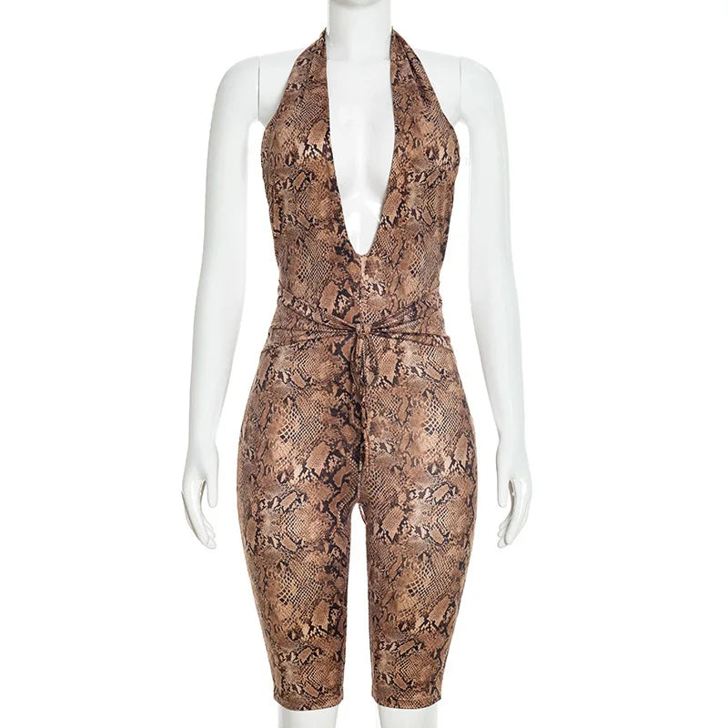 New Spring Summer Sexy Backless Jumpsuit for Women Halter Neck Deep V Snakeskin  Print Shorts Playsuit Women Sexy Apparel Accessories