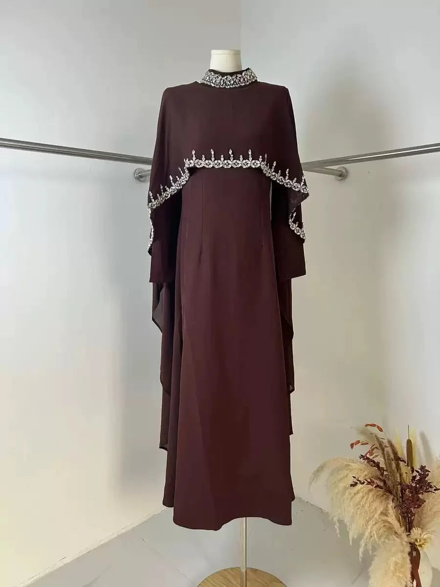 5 Colors Xs-2XL Plus Size Y20 Ramadan Eid Dubai Kaftan Islam Luxury Handmade Shiny Wedding Guest  Party Dresses Rhinestone Neck Elegant Cape Muslim Women Winter Gowns