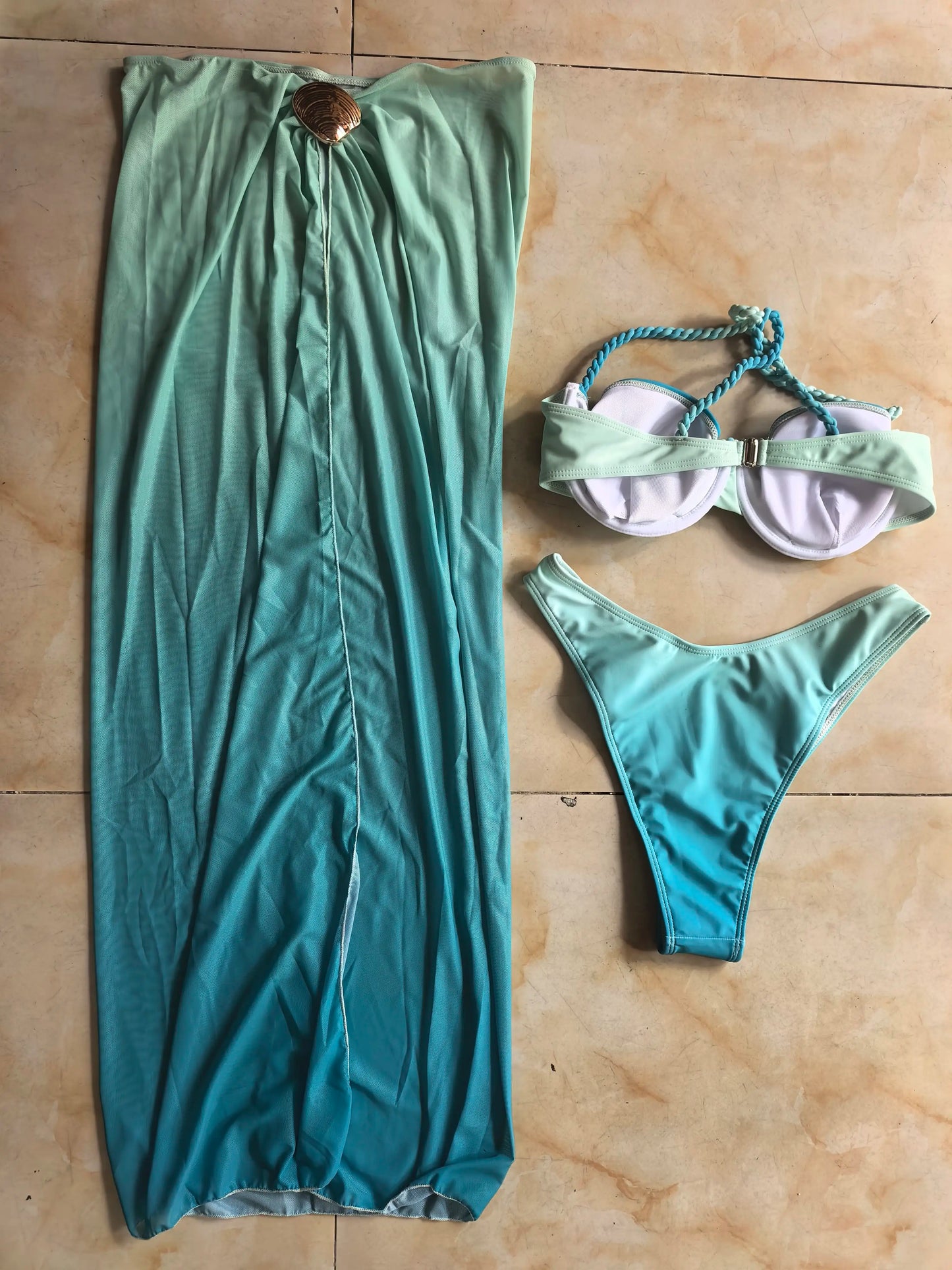 NEW Arrivals 3 PCS Set Light Blue/Dark Blue/ Dark Orange  Color Print Trendy Women Sexy Swimwear Braided Underwire Bikini and See Through Cover Ups Skirt Set Brazilian Beachwear Ladies Luxury Swimsuit Set