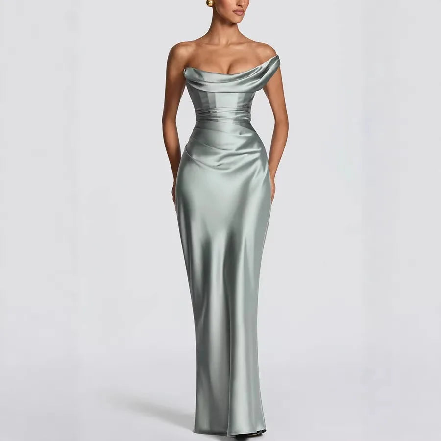 Women's Sexy Top Quality Spring Autumn  Summer New Luxury Banquet Evening Party Dress Strapless Fishbone Pleated Hip Hugging Women's Maxi Long Sexy Gown
