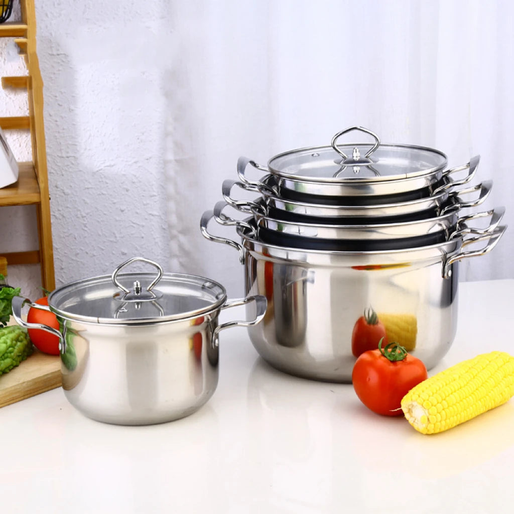 10 PCS Set Silvery/Colored Gift Set Stainless Steel Home Hotels Restaurants Kitchen Cookware Casserole Pot with Handle and Transparent Glass Lid Outdoor Camping Cooking Tools Cookware Supplies
